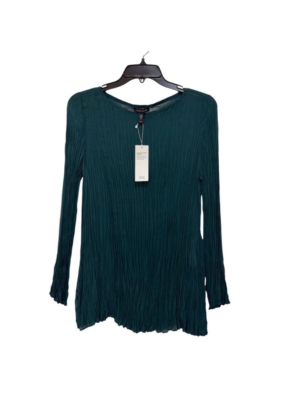 Eileen Fisher Crinkled Sheer Silk Georgette Tunic Top SZ XS Teal Long Sleeve New